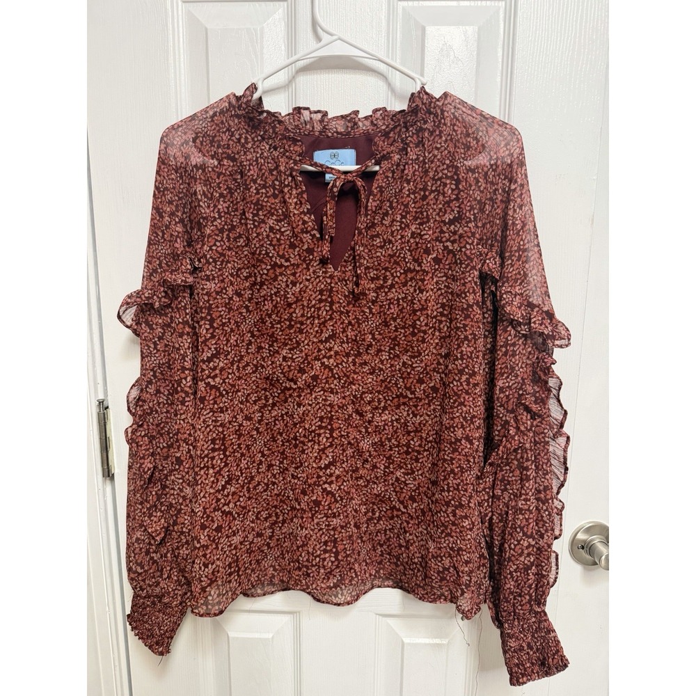 CeCe Burgundy Floral Blouse M Sheer Ruffle Tie Neck Romantic Boho Fall Top